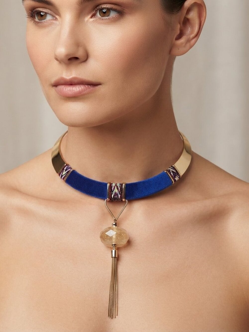 Bijou Statement Collar Necklace Royal Blue Velvet & Gold Metal Tassel Pendant